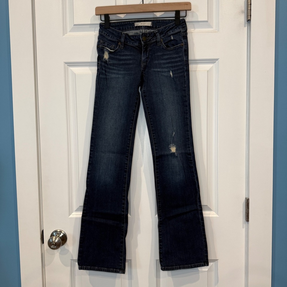 Bullhead Black Womens Size 00R Dark Wash Distressed Bootcut Jeans Low Rise Denim